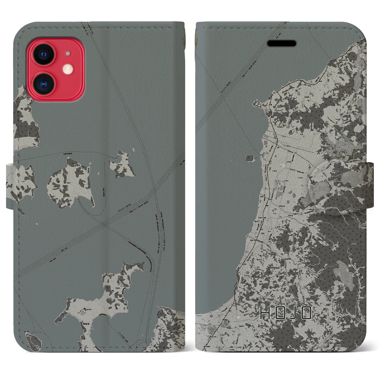 【北条(愛媛県)】地図柄iPhoneケース(手帳タイプ)モノトーン・iPhone 11 用