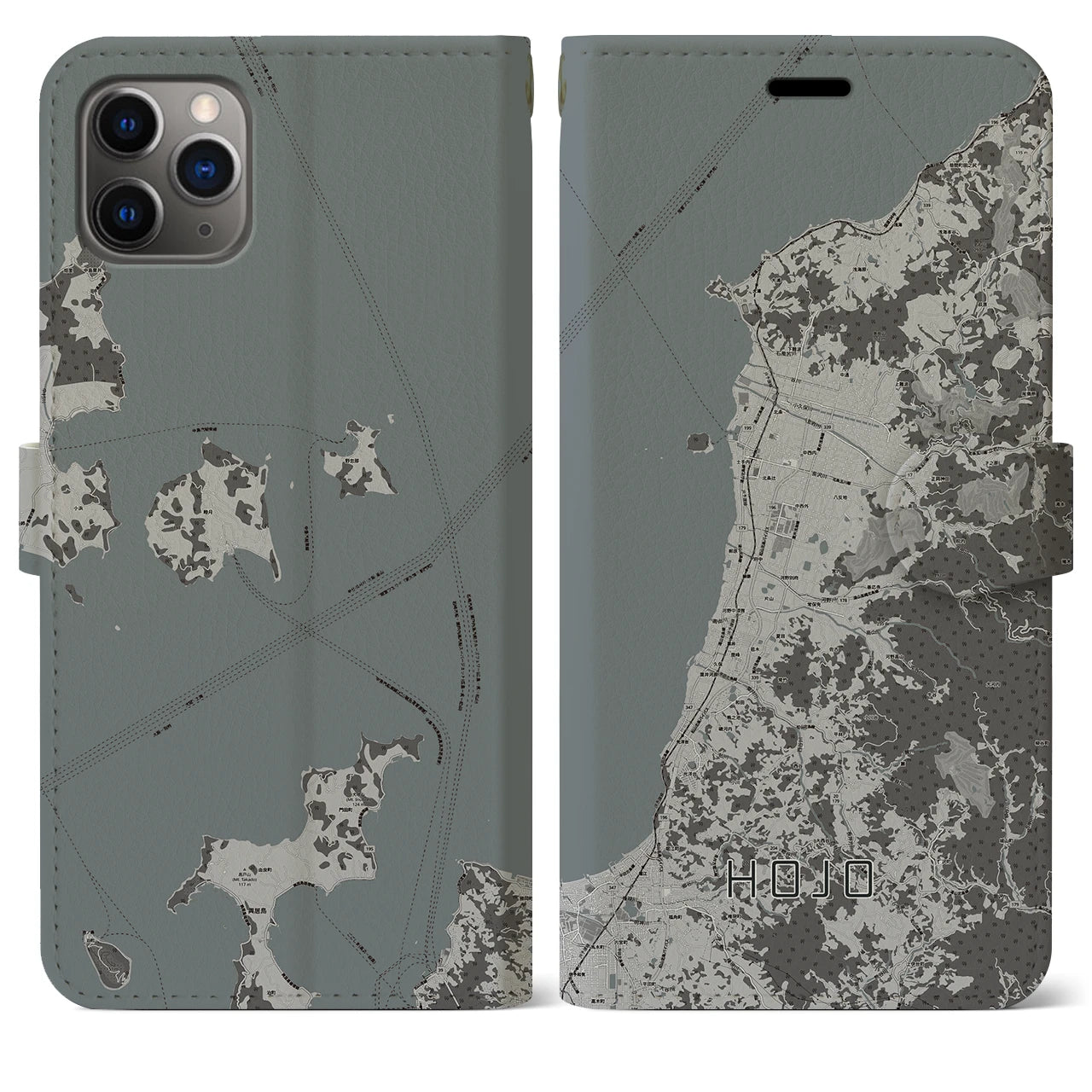 【北条(愛媛県)】地図柄iPhoneケース(手帳タイプ)モノトーン・iPhone 11 Pro Max 用