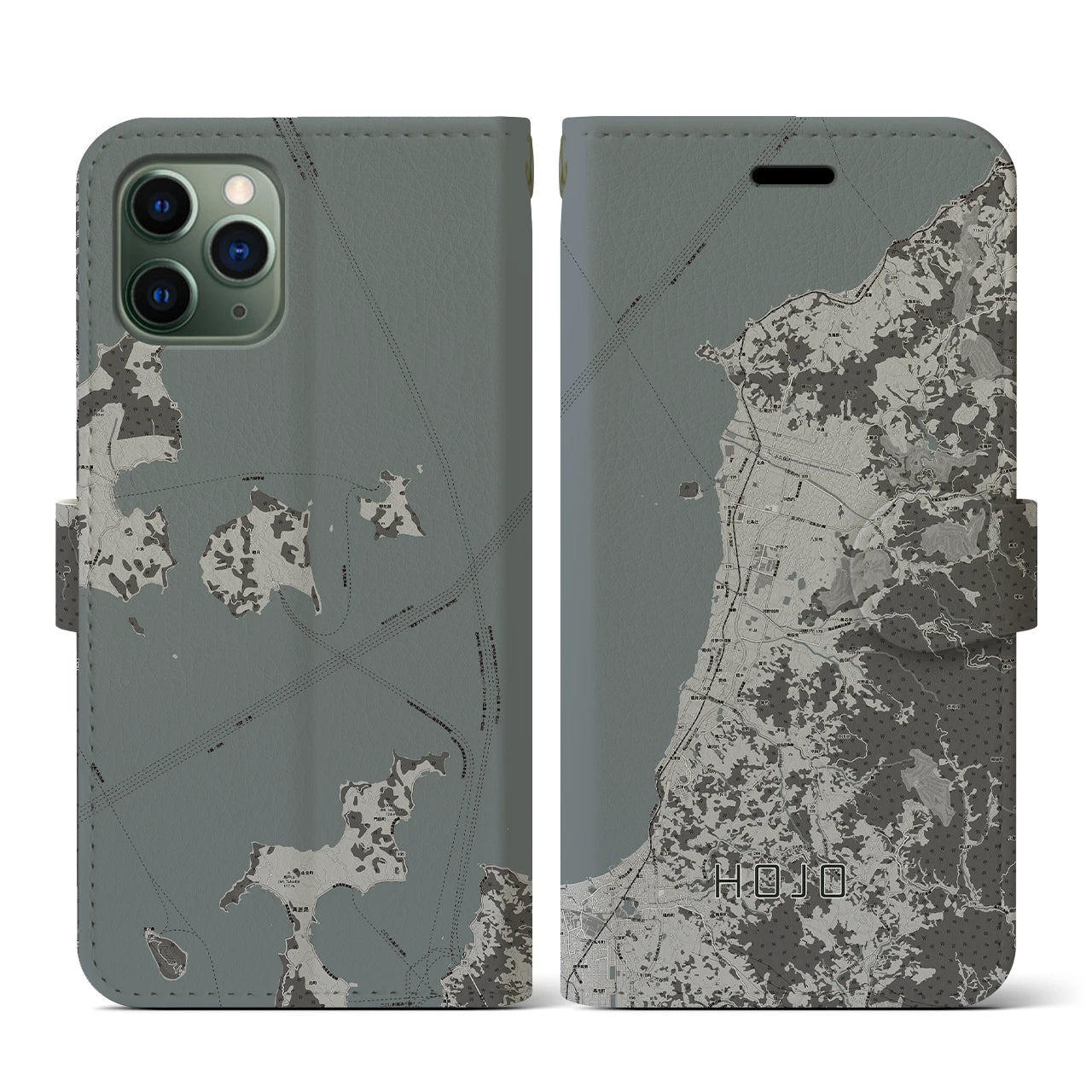 【北条(愛媛県)】地図柄iPhoneケース(手帳タイプ)モノトーン・iPhone 11 Pro 用