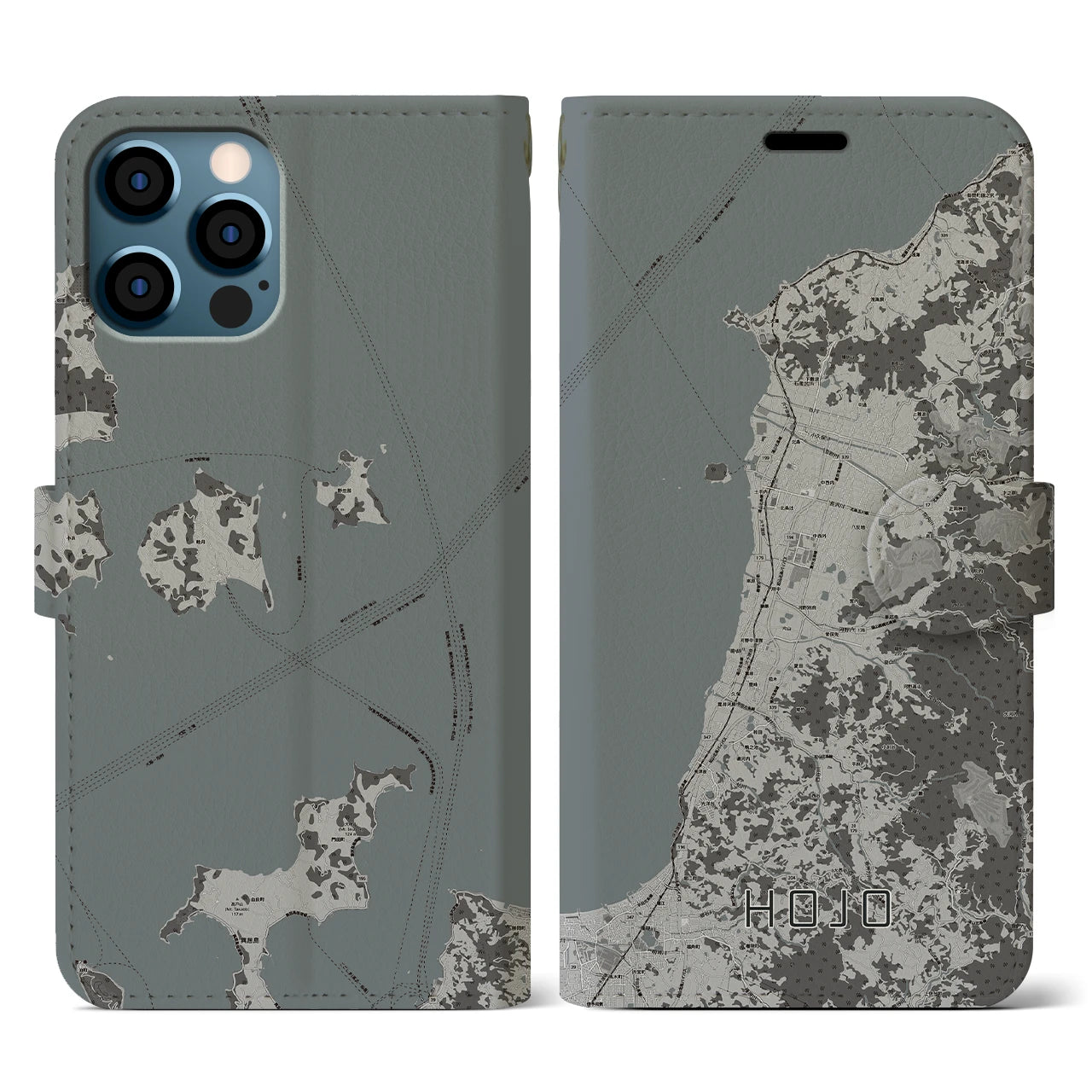 【北条(愛媛県)】地図柄iPhoneケース(手帳タイプ)モノトーン・iPhone 12 / 12 Pro 用