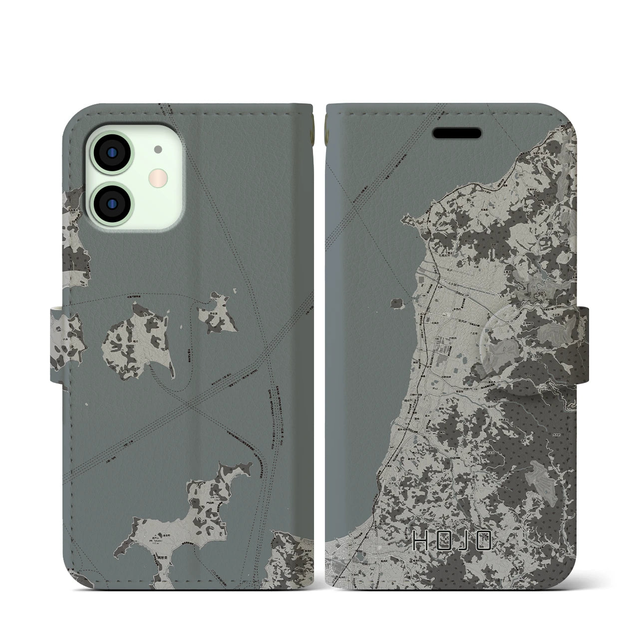 【北条(愛媛県)】地図柄iPhoneケース(手帳タイプ)モノトーン・iPhone 12 mini 用