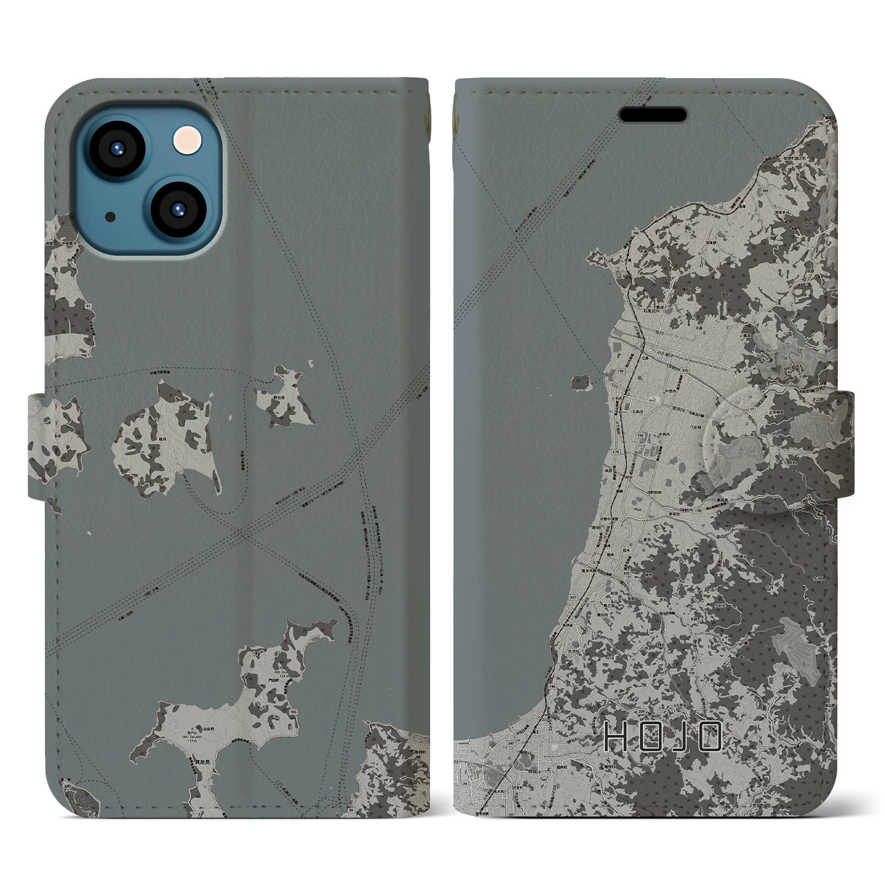【北条(愛媛県)】地図柄iPhoneケース(手帳タイプ)モノトーン・iPhone 13 用