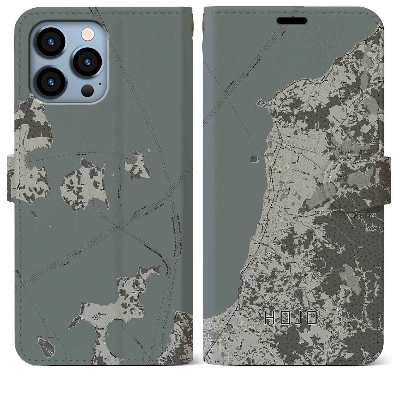 【北条(愛媛県)】地図柄iPhoneケース(手帳タイプ)モノトーン・iPhone 13 Pro Max 用