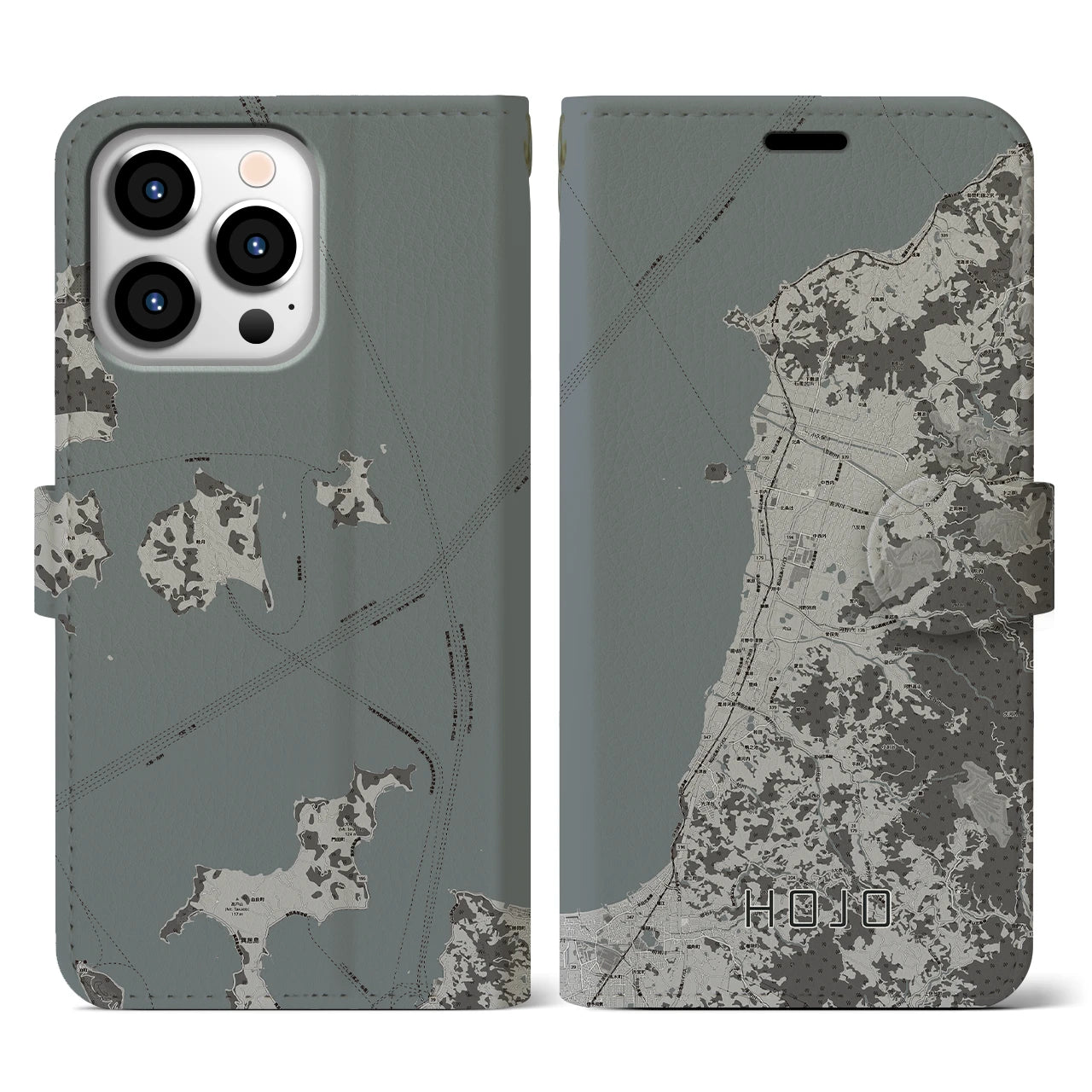 【北条(愛媛県)】地図柄iPhoneケース(手帳タイプ)モノトーン・iPhone 13 Pro 用