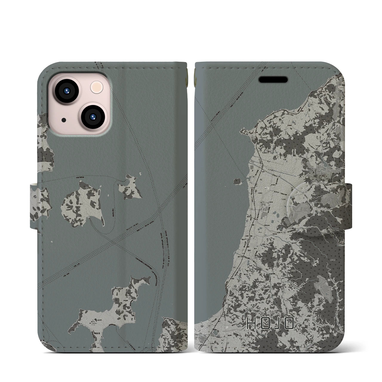 【北条(愛媛県)】地図柄iPhoneケース(手帳タイプ)モノトーン・iPhone 13 mini 用