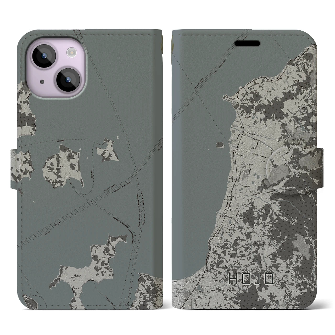 【北条(愛媛県)】地図柄iPhoneケース(手帳タイプ)モノトーン・iPhone 14 用