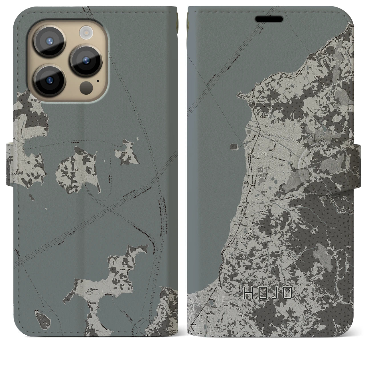 【北条(愛媛県)】地図柄iPhoneケース(手帳タイプ)モノトーン・iPhone 14 Pro Max 用