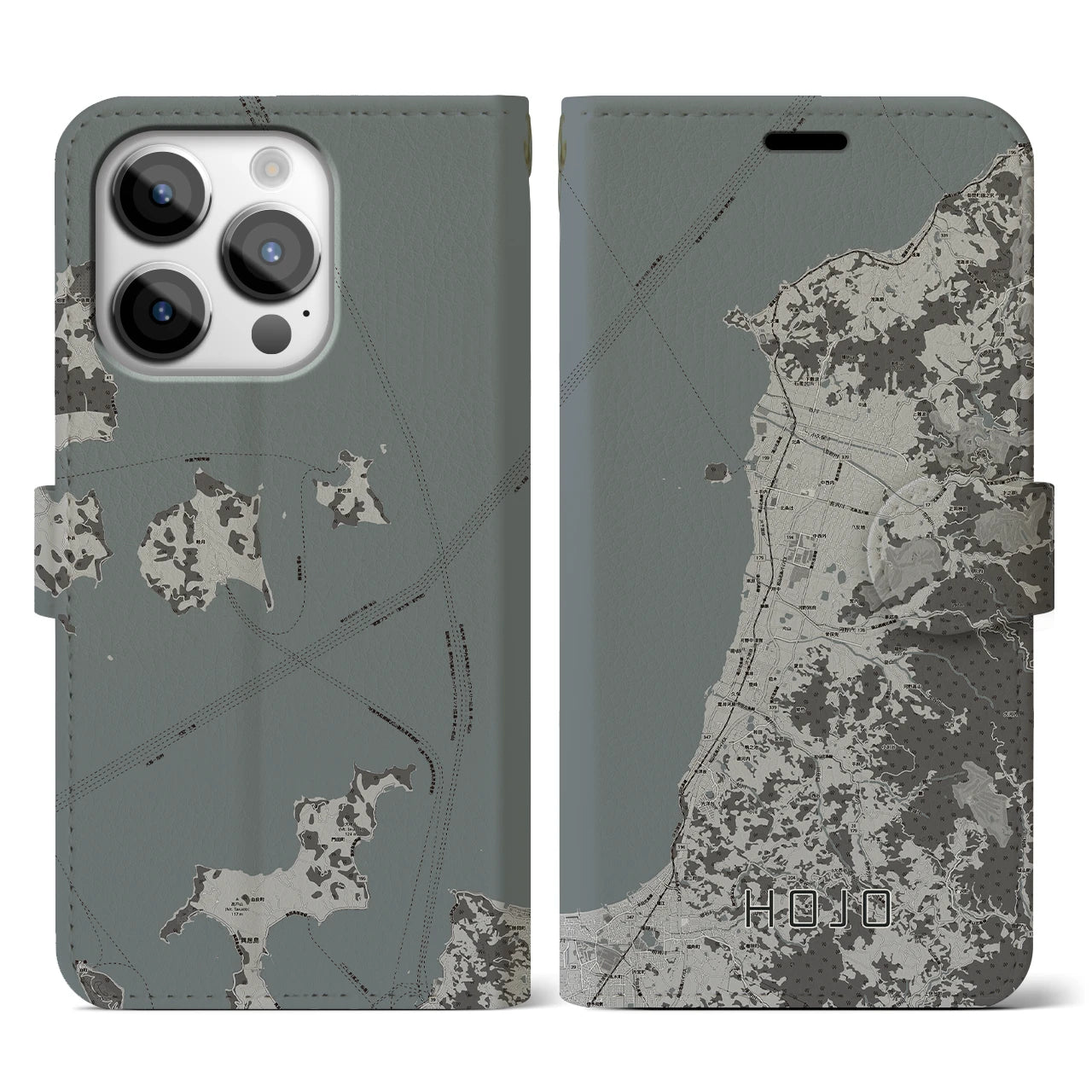 【北条(愛媛県)】地図柄iPhoneケース(手帳タイプ)モノトーン・iPhone 14 Pro 用