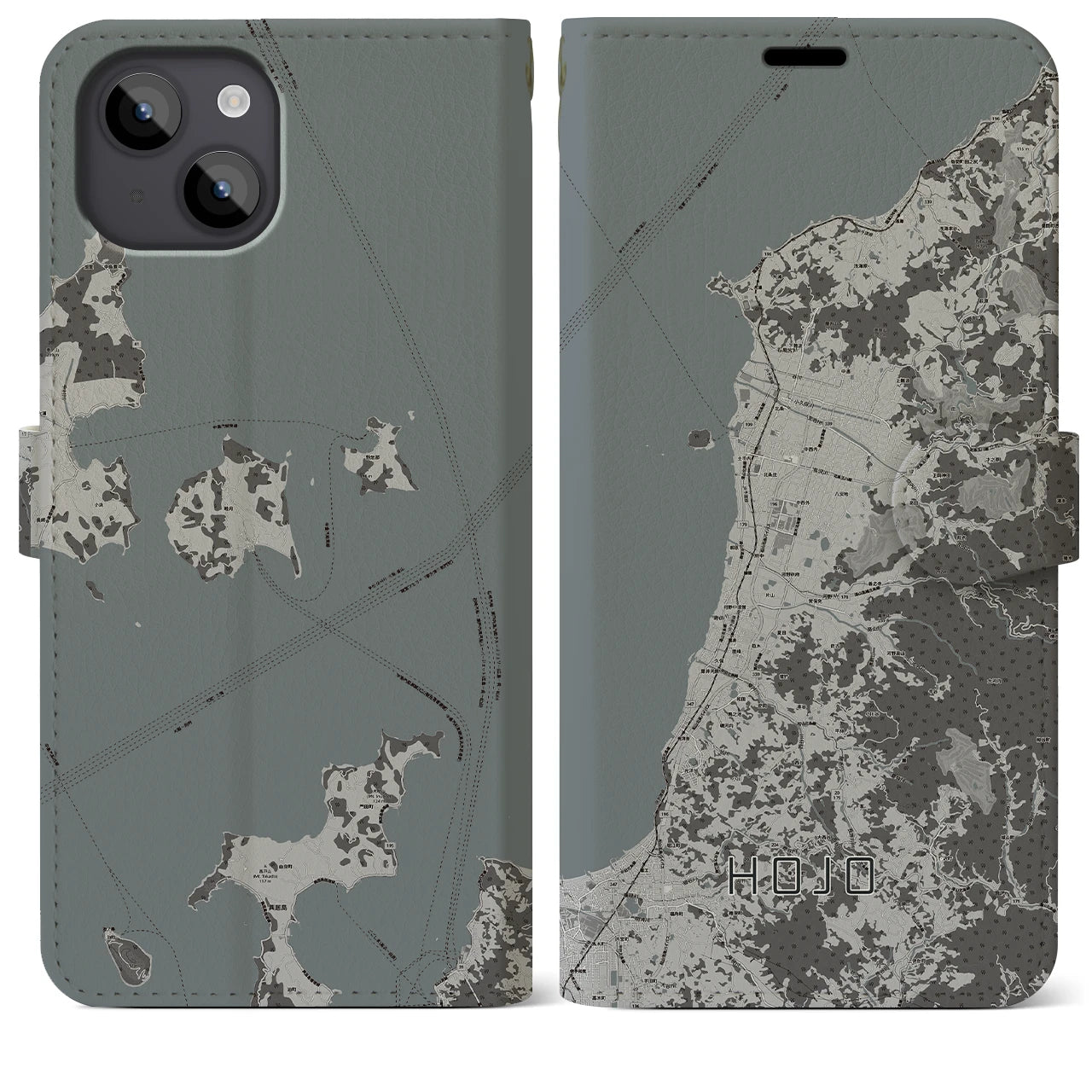 【北条(愛媛県)】地図柄iPhoneケース(手帳タイプ)モノトーン・iPhone 14 Plus 用