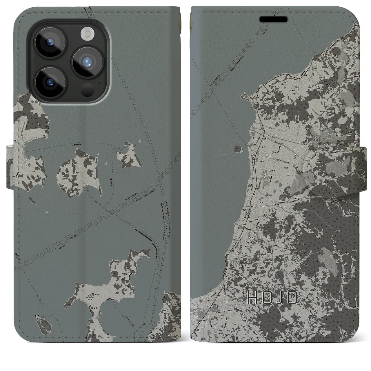 【北条(愛媛県)】地図柄iPhoneケース(手帳タイプ)モノトーン・iPhone 15 Pro Max 用