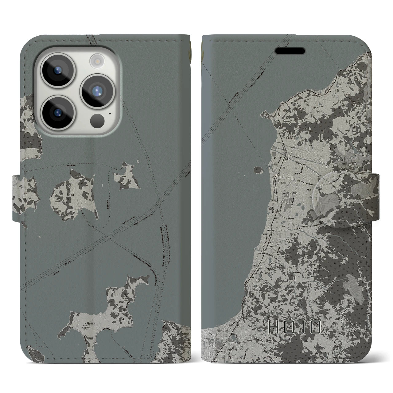 【北条(愛媛県)】地図柄iPhoneケース(手帳タイプ)モノトーン・iPhone 15 Pro 用