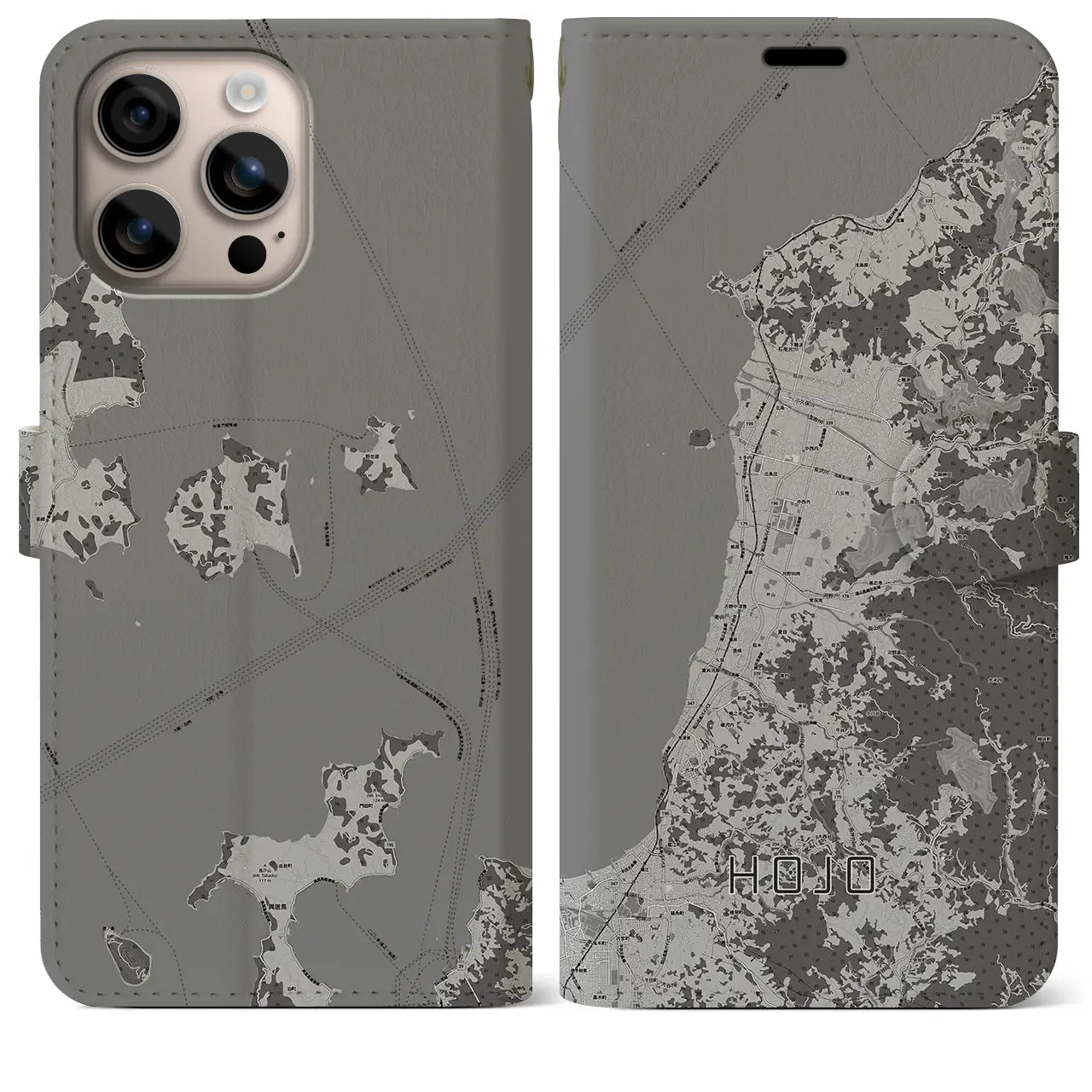 【北条(愛媛県)】地図柄iPhoneケース(手帳タイプ)モノトーン・iPhone 16 Plus 用