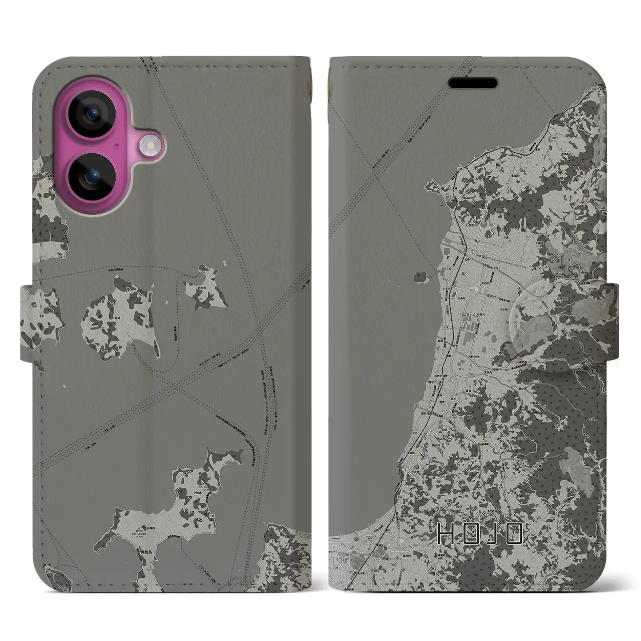 【北条(愛媛県)】地図柄iPhoneケース(手帳タイプ)モノトーン・iPhone 16 Pro 用