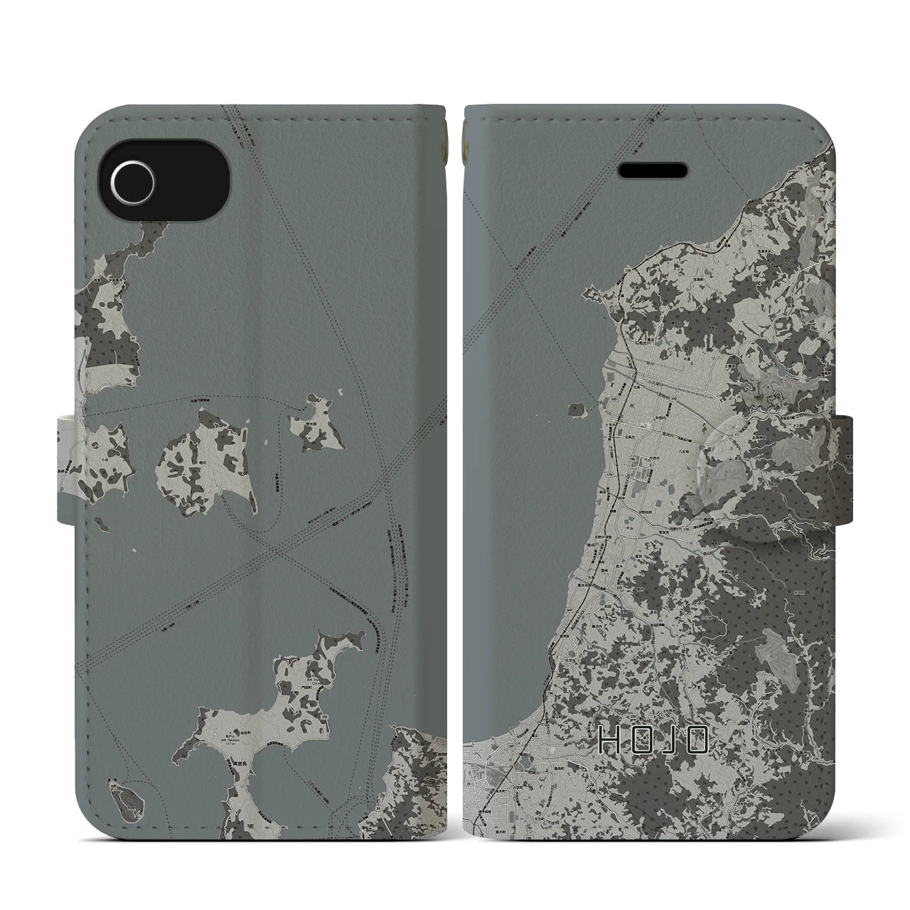 【北条(愛媛県)】地図柄iPhoneケース(手帳タイプ)モノトーン・iPhone SE(第3 / 第2世代) / 8 / 7 / 6s / 6 用