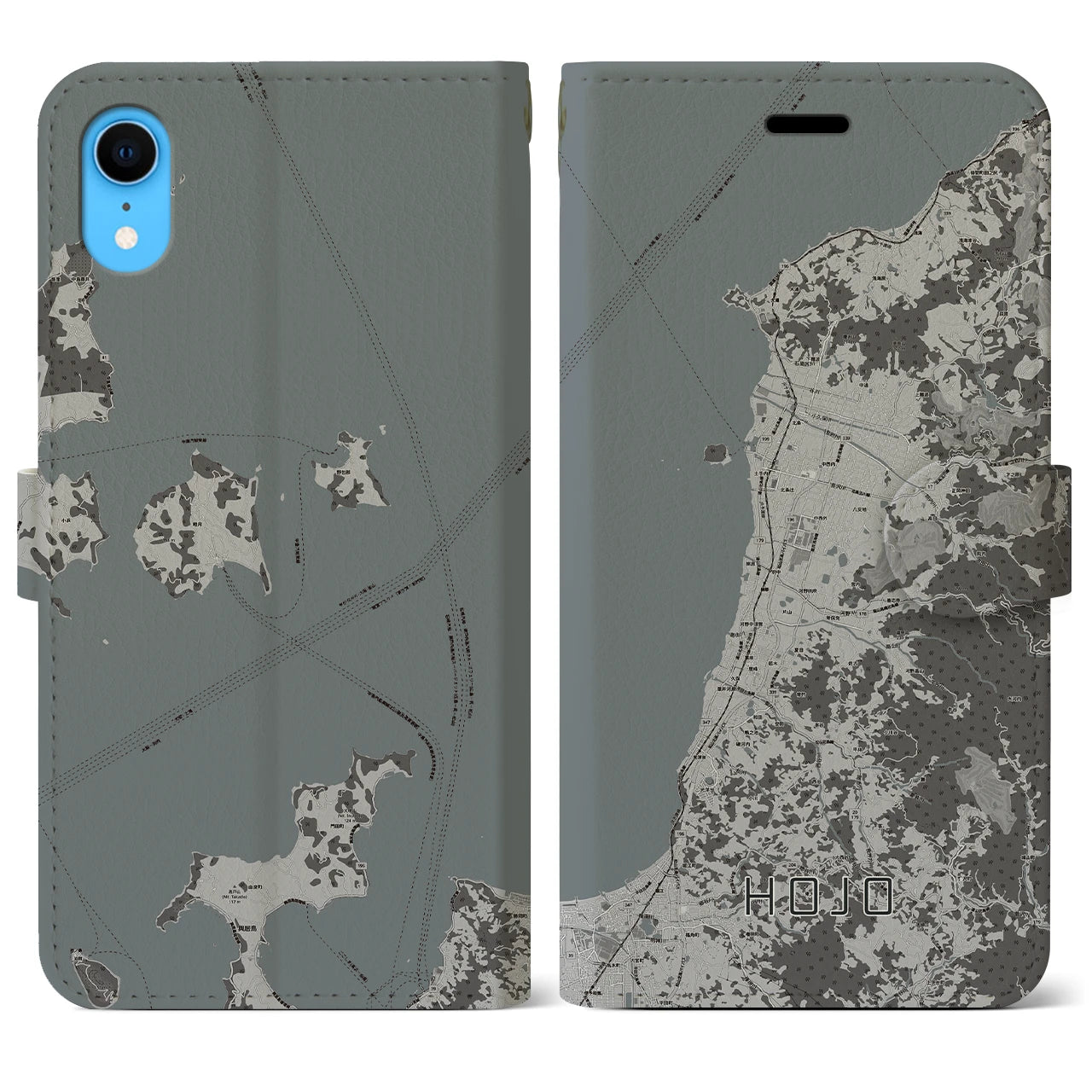 【北条(愛媛県)】地図柄iPhoneケース(手帳タイプ)モノトーン・iPhone XR 用