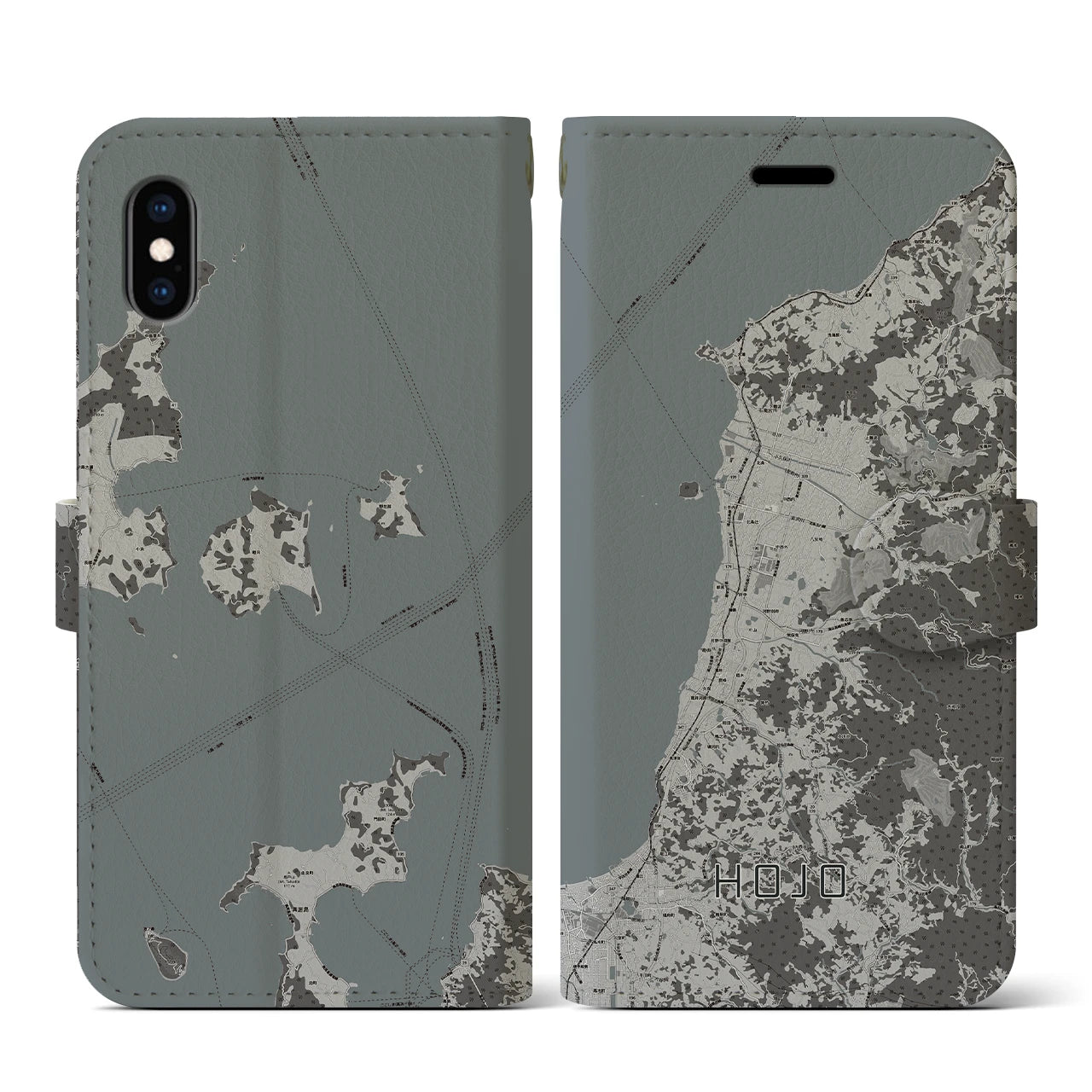 【北条(愛媛県)】地図柄iPhoneケース(手帳タイプ)モノトーン・iPhone XS / X 用