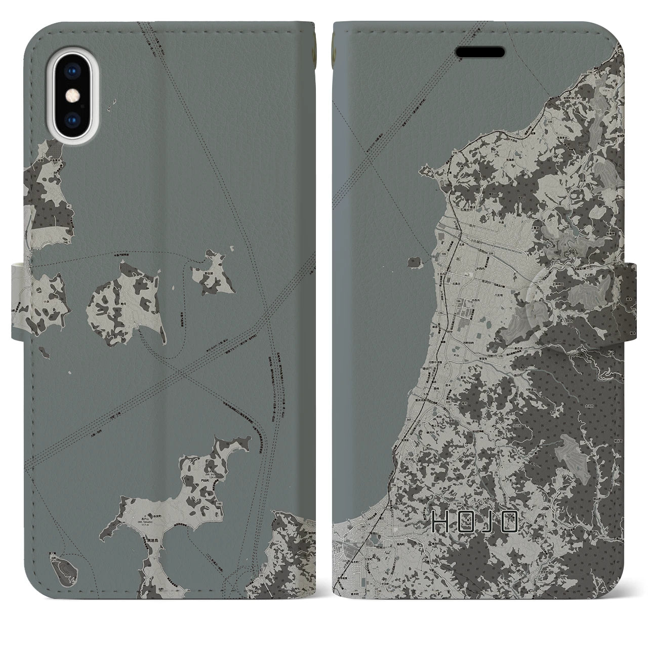 【北条(愛媛県)】地図柄iPhoneケース(手帳タイプ)モノトーン・iPhone XS Max 用
