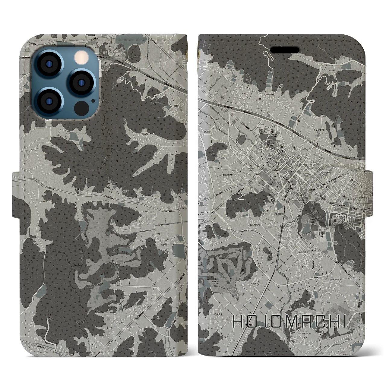 【北条町(兵庫県)】地図柄iPhoneケース(手帳タイプ)モノトーン・iPhone 12 / 12 Pro 用
