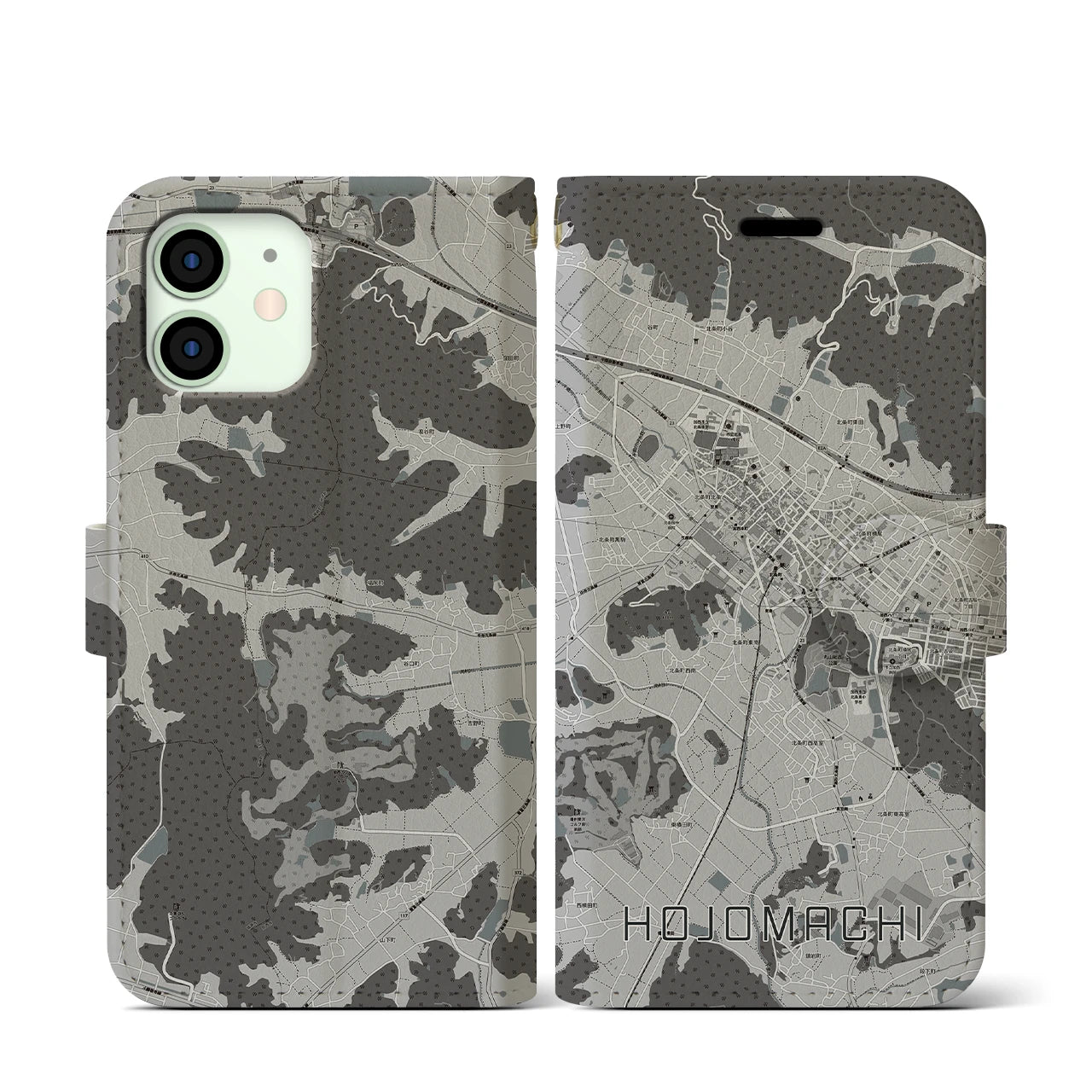 【北条町(兵庫県)】地図柄iPhoneケース(手帳タイプ)モノトーン・iPhone 12 mini 用