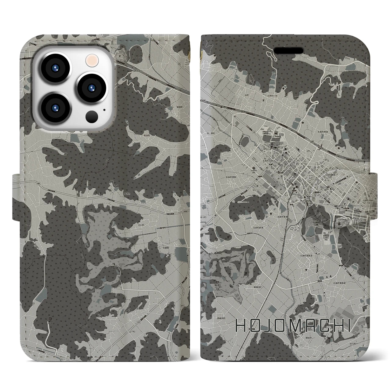 【北条町(兵庫県)】地図柄iPhoneケース(手帳タイプ)モノトーン・iPhone 13 Pro 用