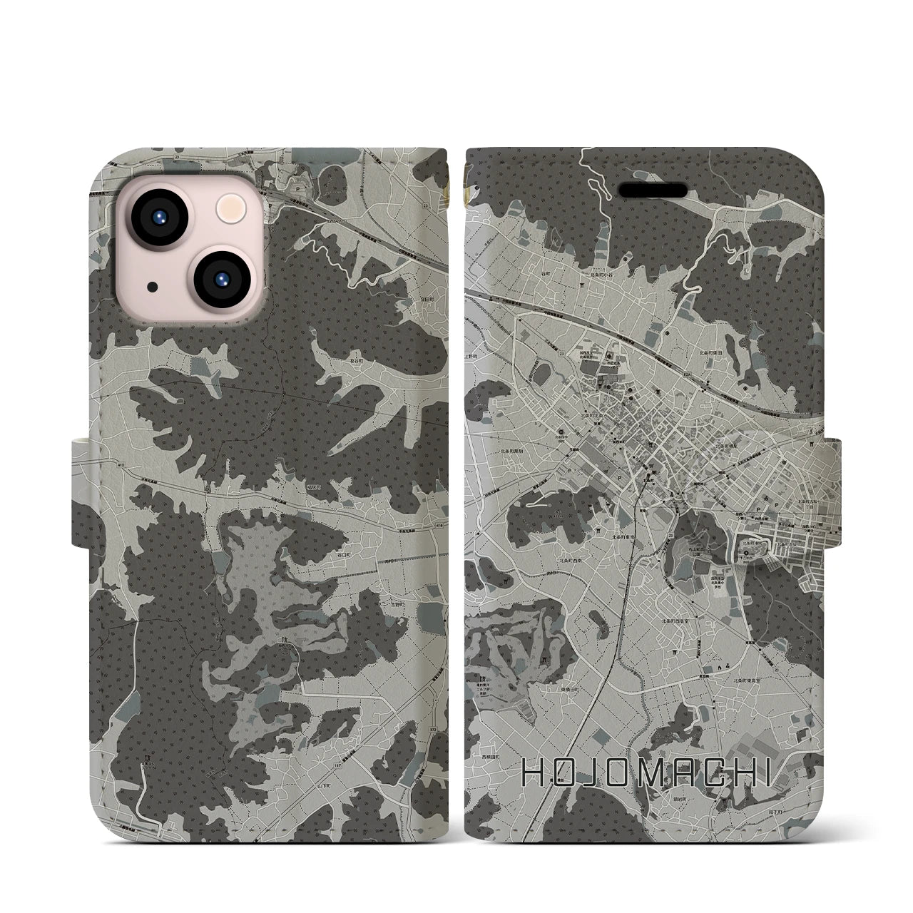 【北条町(兵庫県)】地図柄iPhoneケース(手帳タイプ)モノトーン・iPhone 13 mini 用