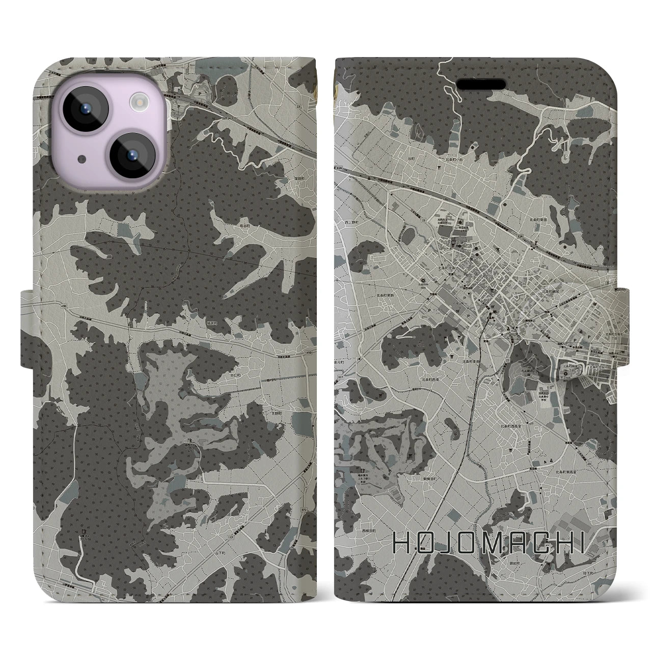 【北条町(兵庫県)】地図柄iPhoneケース(手帳タイプ)モノトーン・iPhone 14 用