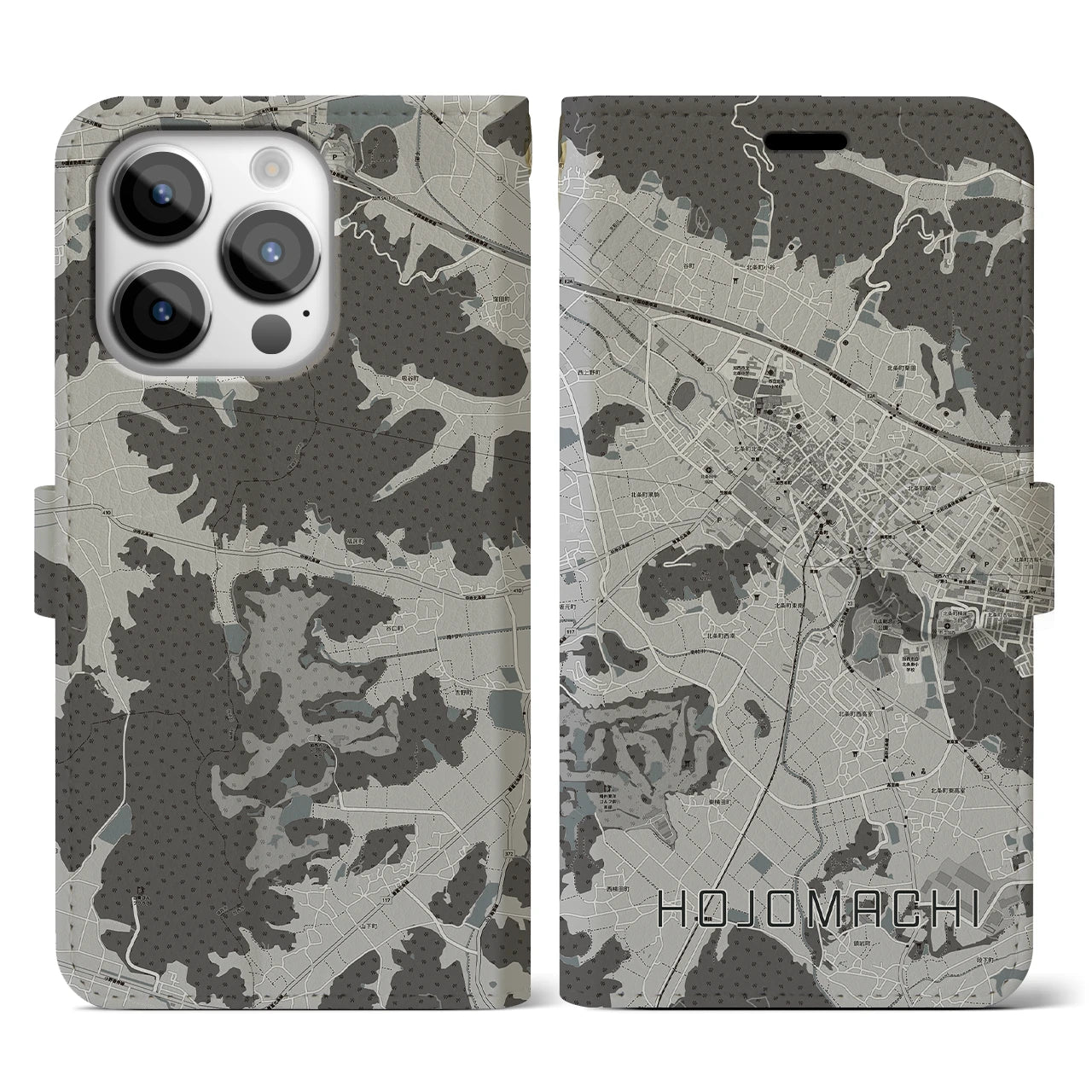 【北条町(兵庫県)】地図柄iPhoneケース(手帳タイプ)モノトーン・iPhone 14 Pro 用