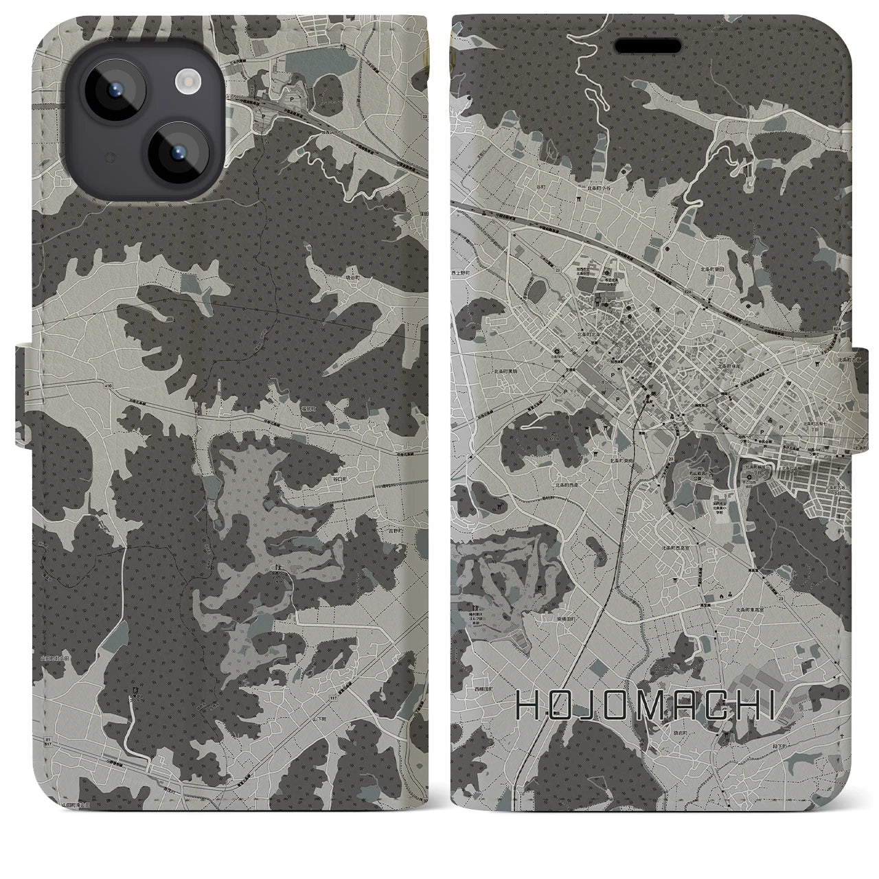 【北条町(兵庫県)】地図柄iPhoneケース(手帳タイプ)モノトーン・iPhone 14 Plus 用