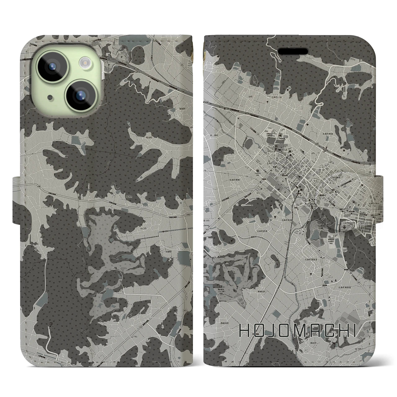 【北条町(兵庫県)】地図柄iPhoneケース(手帳タイプ)モノトーン・iPhone 15 用