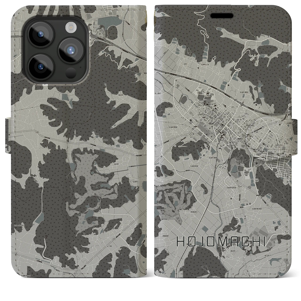 【北条町(兵庫県)】地図柄iPhoneケース(手帳タイプ)モノトーン・iPhone 15 Pro Max 用