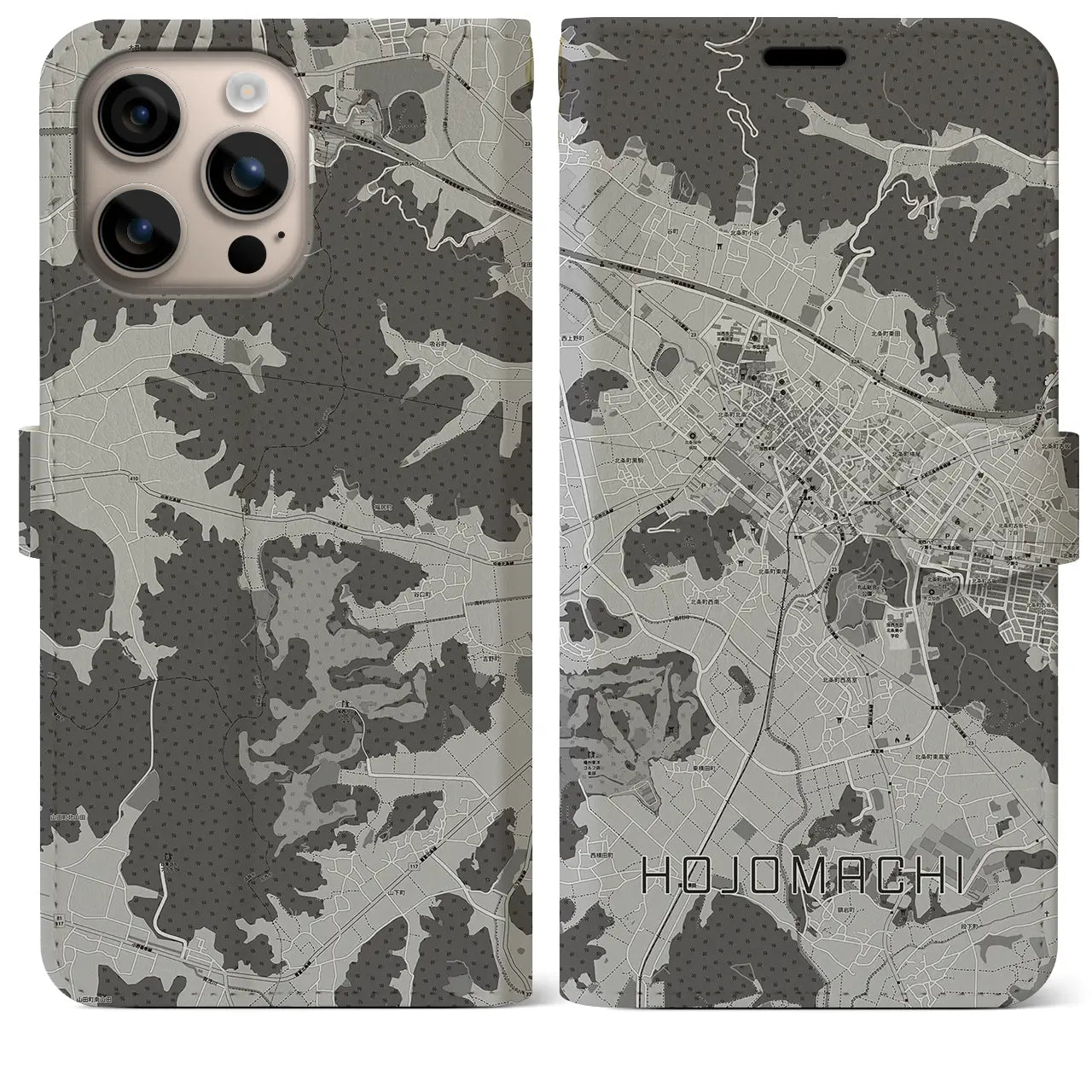 【北条町(兵庫県)】地図柄iPhoneケース(手帳タイプ)モノトーン・iPhone 16 Plus 用