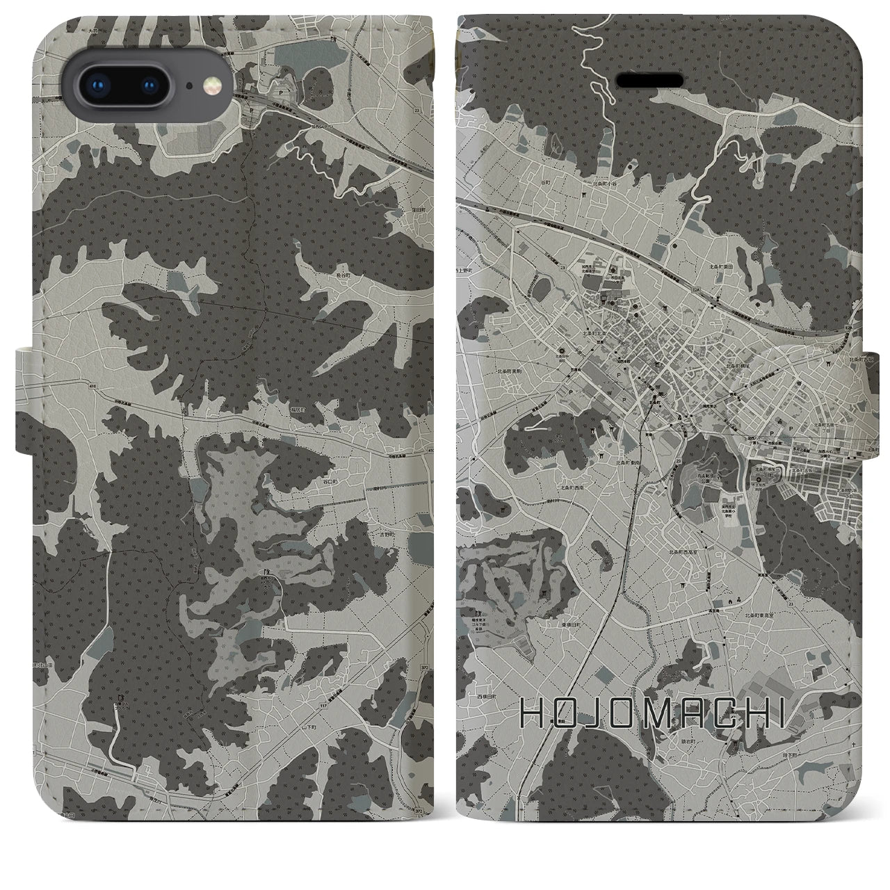 【北条町(兵庫県)】地図柄iPhoneケース(手帳タイプ)モノトーン・iPhone 8Plus /7Plus / 6sPlus / 6Plus 用