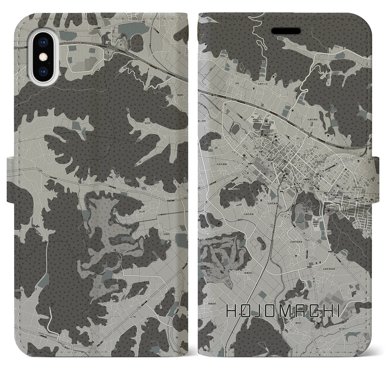 【北条町(兵庫県)】地図柄iPhoneケース(手帳タイプ)モノトーン・iPhone XS Max 用