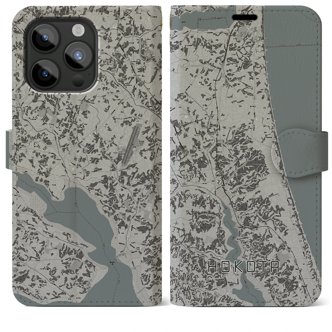 【鉾田(茨城県)】地図柄iPhoneケース(手帳タイプ)モノトーン・iPhone 15 Pro Max 用