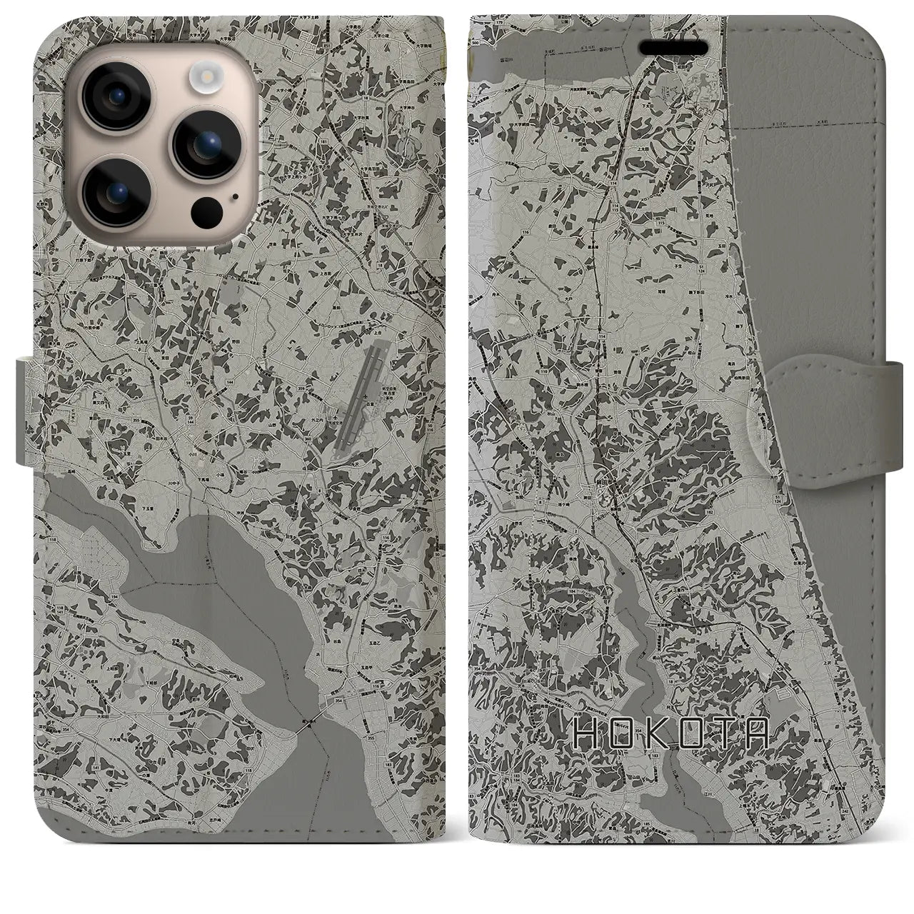 【鉾田(茨城県)】地図柄iPhoneケース(手帳タイプ)モノトーン・iPhone 16 Plus 用