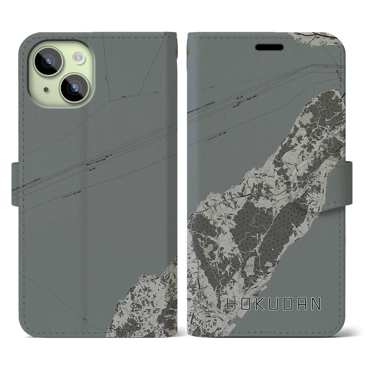 【北淡(兵庫県)】地図柄iPhoneケース(手帳タイプ)モノトーン・iPhone 15 用
