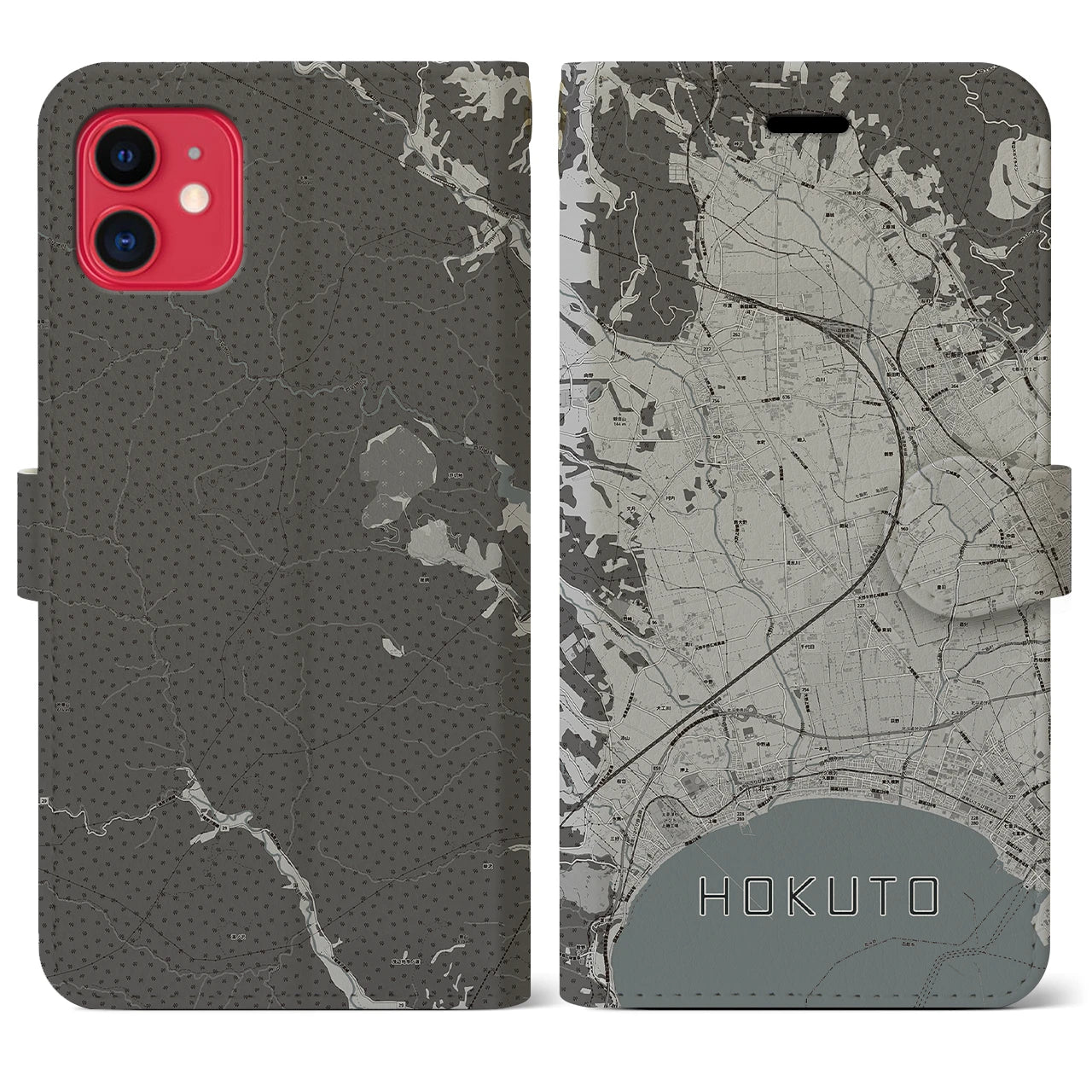 【北斗(北海道)】地図柄iPhoneケース(手帳タイプ)モノトーン・iPhone 11 用