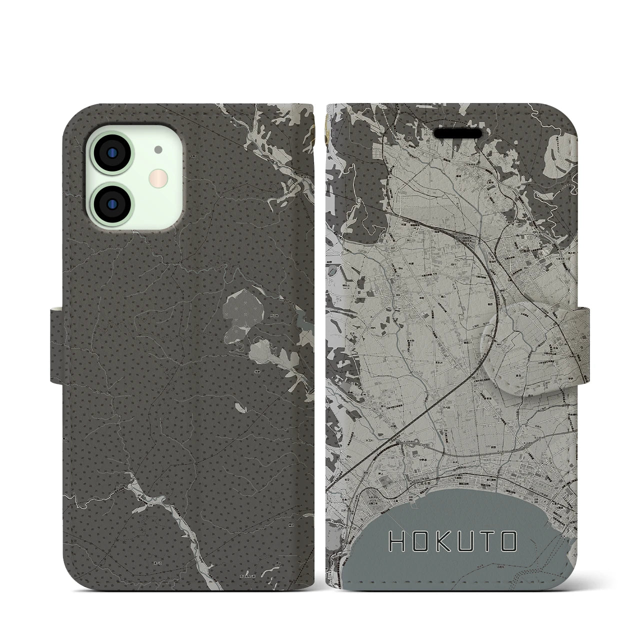 【北斗(北海道)】地図柄iPhoneケース(手帳タイプ)モノトーン・iPhone 12 mini 用