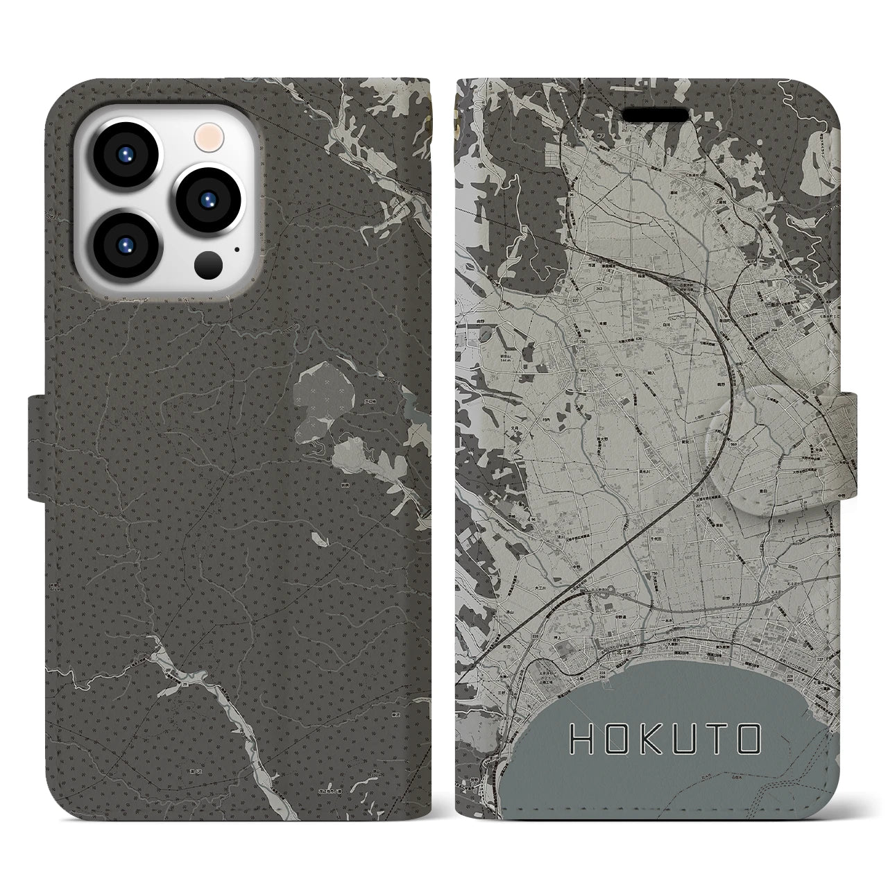 【北斗(北海道)】地図柄iPhoneケース(手帳タイプ)モノトーン・iPhone 13 Pro 用