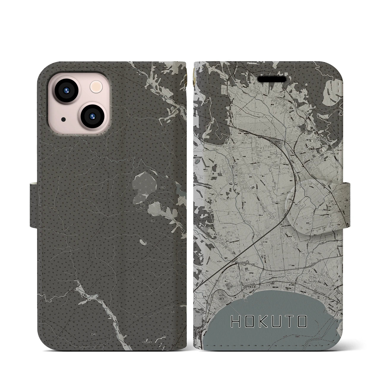 【北斗(北海道)】地図柄iPhoneケース(手帳タイプ)モノトーン・iPhone 13 mini 用