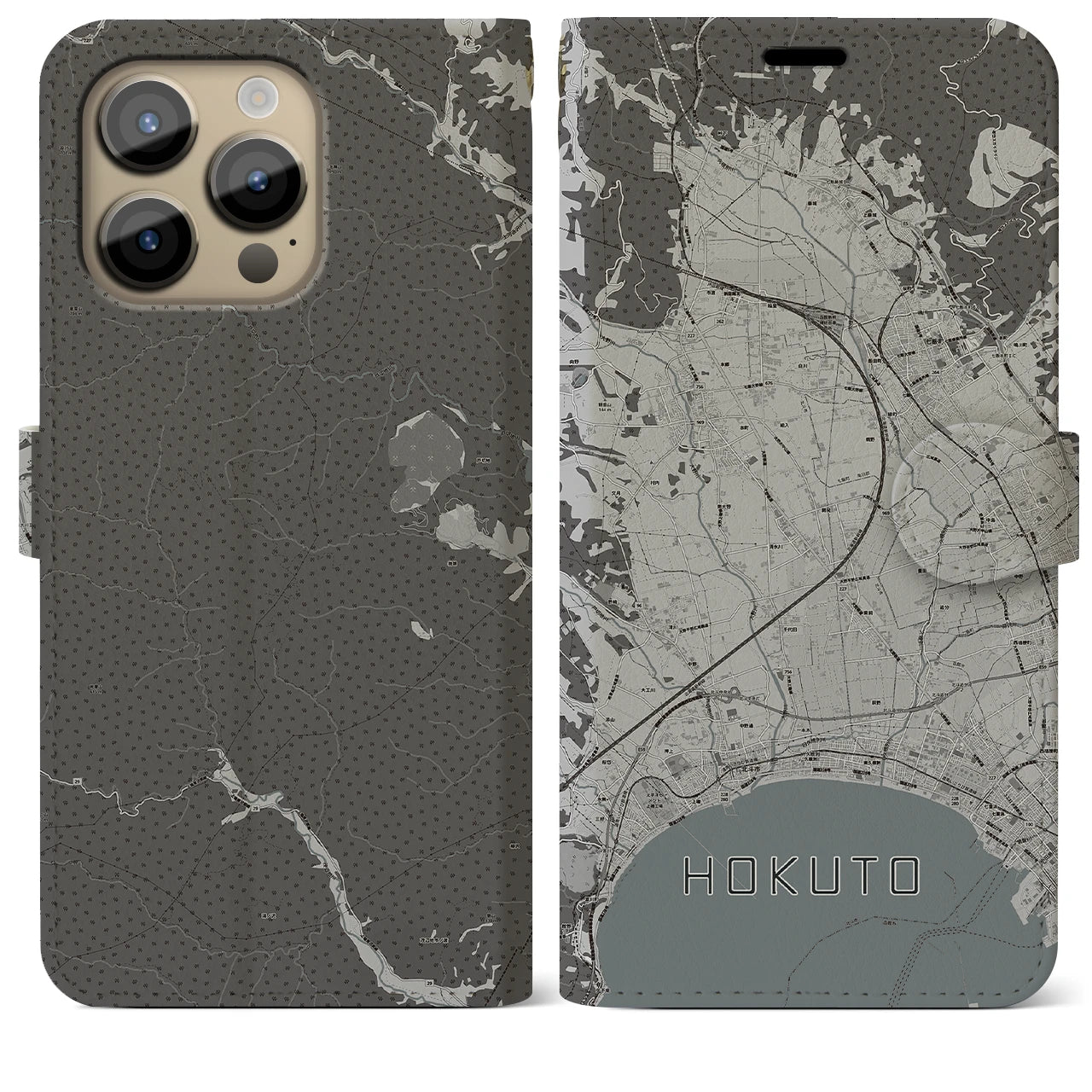 【北斗(北海道)】地図柄iPhoneケース(手帳タイプ)モノトーン・iPhone 14 Pro Max 用