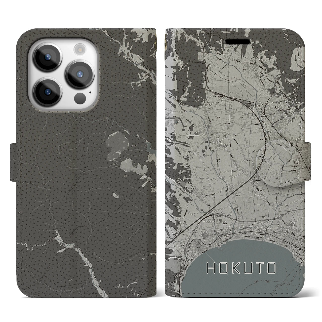 【北斗(北海道)】地図柄iPhoneケース(手帳タイプ)モノトーン・iPhone 14 Pro 用