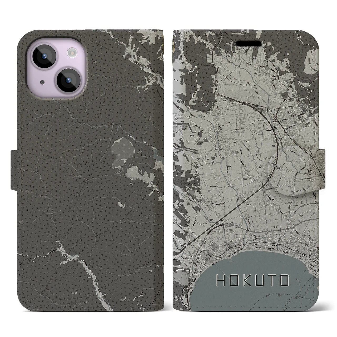 【北斗(北海道)】地図柄iPhoneケース(手帳タイプ)モノトーン・iPhone 14 用