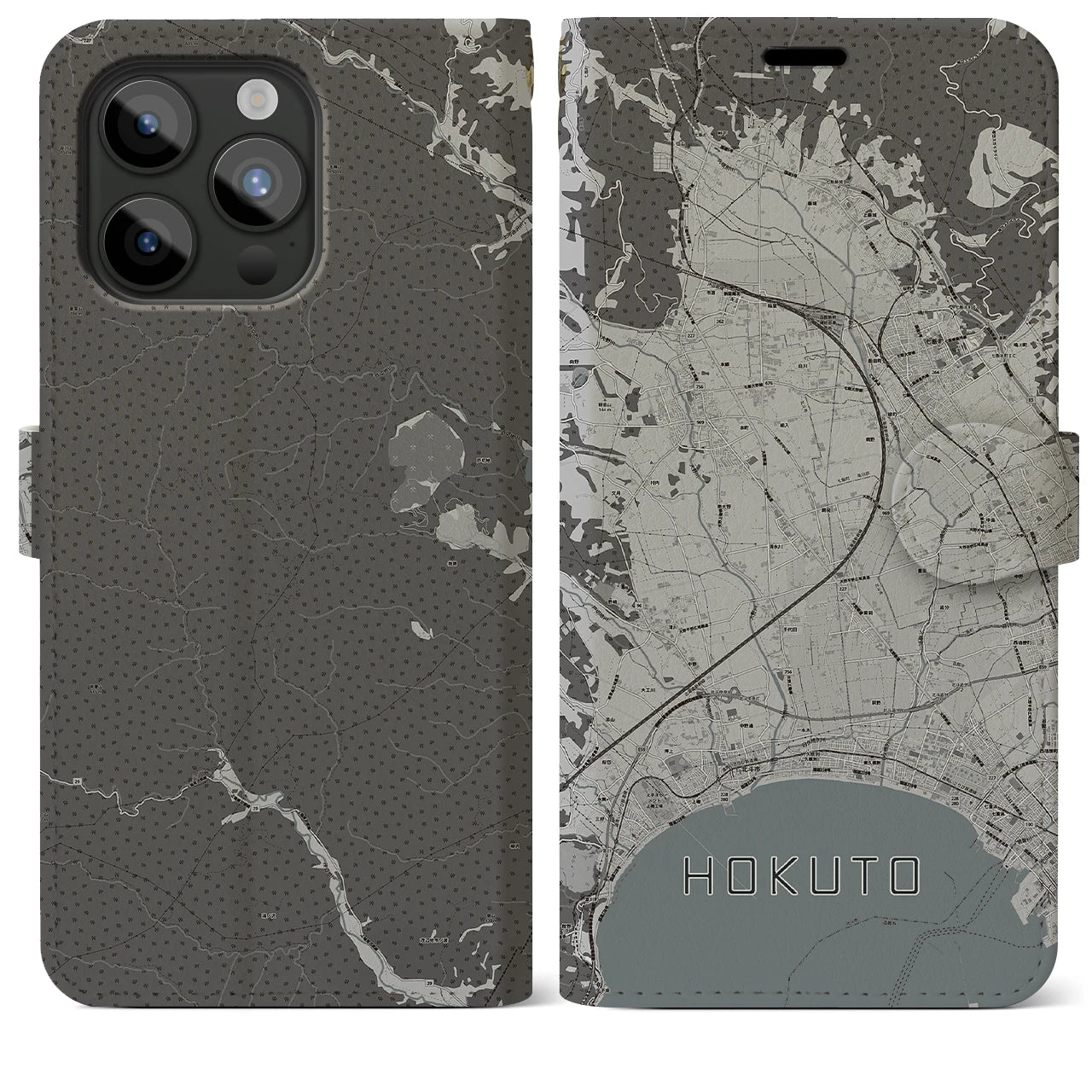 【北斗(北海道)】地図柄iPhoneケース(手帳タイプ)モノトーン・iPhone 15 Pro Max 用