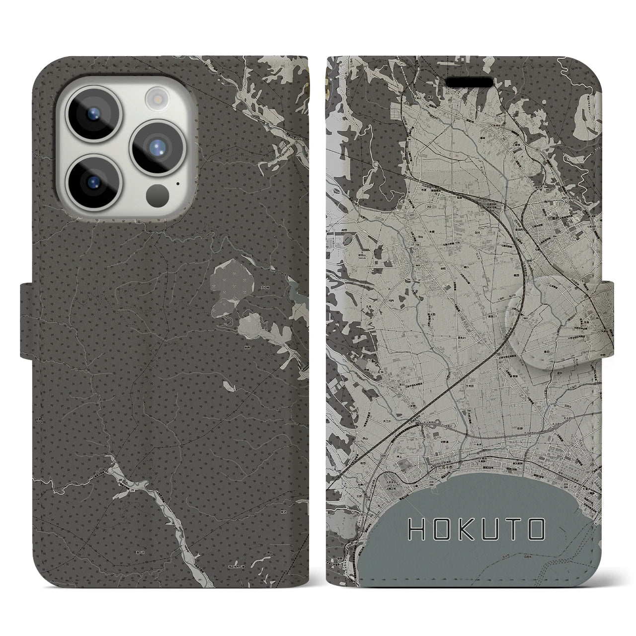 【北斗(北海道)】地図柄iPhoneケース(手帳タイプ)モノトーン・iPhone 15 Pro 用