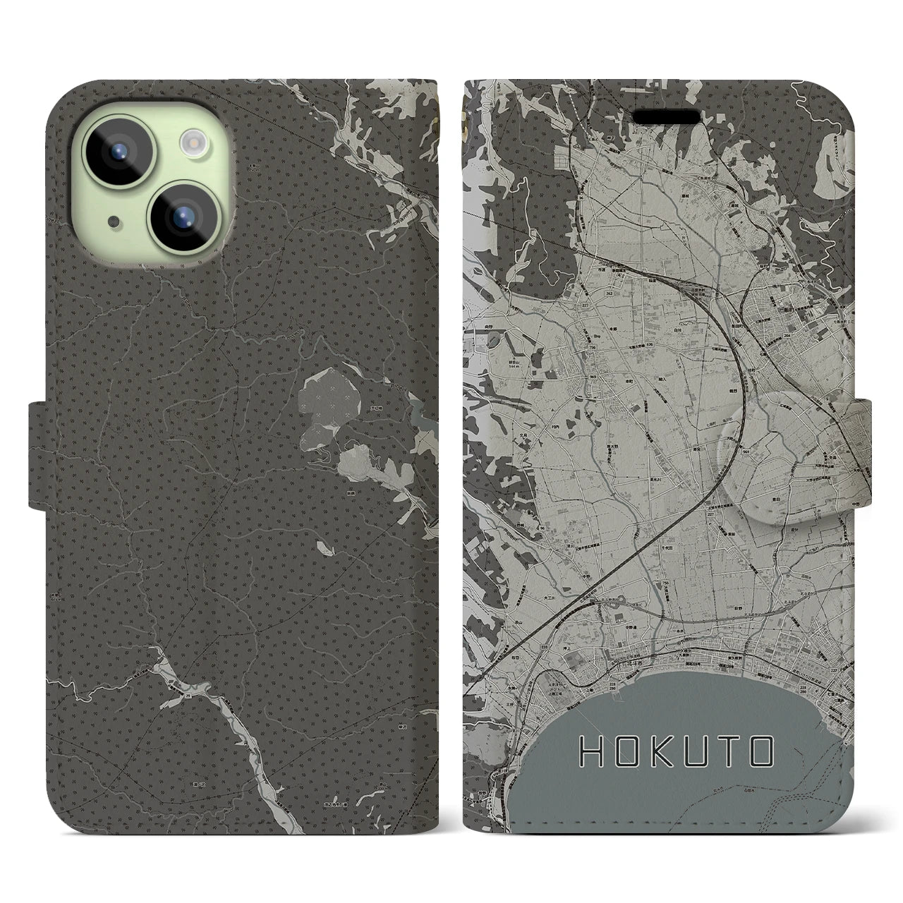 【北斗(北海道)】地図柄iPhoneケース(手帳タイプ)モノトーン・iPhone 15 用