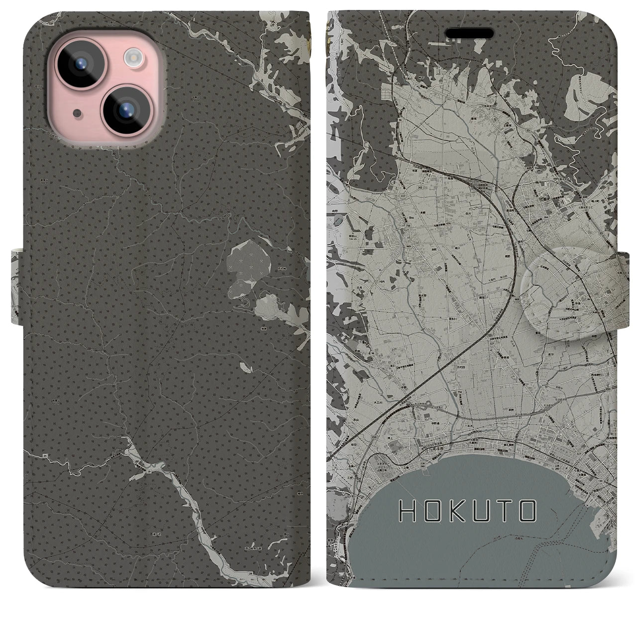 【北斗(北海道)】地図柄iPhoneケース(手帳タイプ)モノトーン・iPhone 15 Plus 用