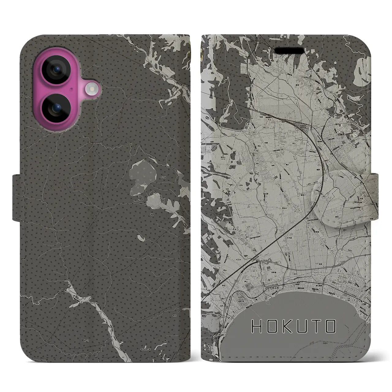 【北斗(北海道)】地図柄iPhoneケース(手帳タイプ)モノトーン・iPhone 16 Pro 用