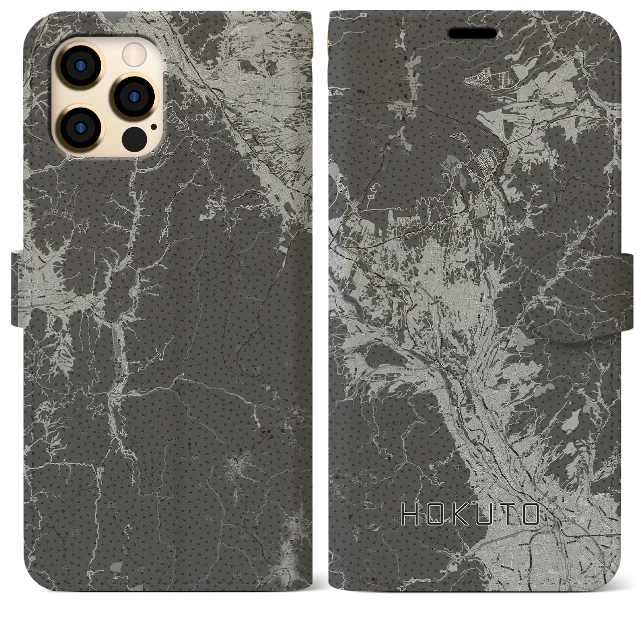 【北杜(山梨県)】地図柄iPhoneケース(手帳タイプ)モノトーン・iPhone 12 Pro Max 用