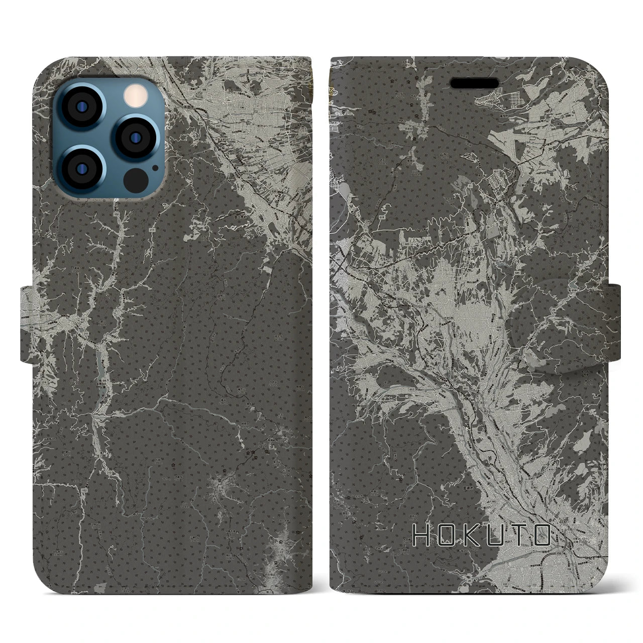 【北杜(山梨県)】地図柄iPhoneケース(手帳タイプ)モノトーン・iPhone 12 / 12 Pro 用